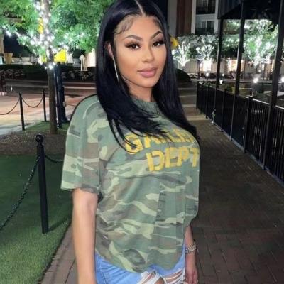 China 2022 Hot Sale Anti-Wrinkle Letter Printing Camouflage T-shirt For Women New Stylish Army Green Short Sleeve Top for sale