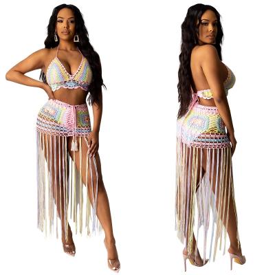 China Cavity Breathable Swimwear Contrast Color Tassel Breathable Robes Crochet Swimwear 2 Piece Beach Wear Set For Women for sale