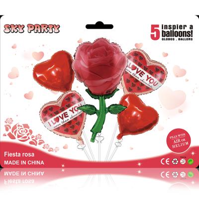 China Gift Toy Customized package red rose flower foil balloon set 5pcs fiesta rosa globos i love you wedding valentine party decoration for sale