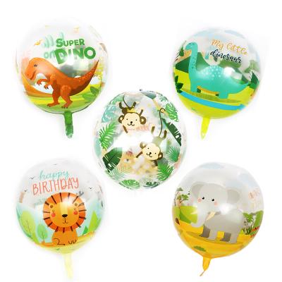 China Gift Toy 22inch Printed Transparent Cartoon Jungle Dinosaur Foil Balloons 4D Round Globos Animal Happy Birthday Party Decoration Dino for sale