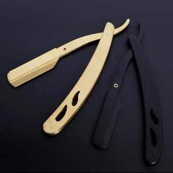 China Straight Blade Straight Hand Stainless Steel Scissors Kit Golden Black Coated Barber Simple Japanese Grooming Scissors Shaving Hair Razor Knife MRZ006 for sale