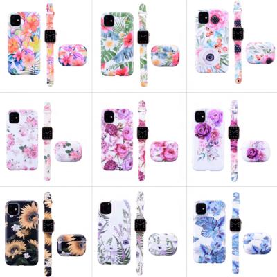 China Hot sale anti-drop 3 in 1 floral sets soft tpu watch band face case for iwatch bands for earphone case for iphone 12 pro max phone case for sale