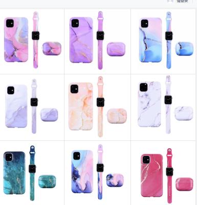 China hot sale Anti-drop 3 in 1 sets marble soft tpu watch band face case for earphone case for iwatch bands for iphone 12 pro max phone case for sale