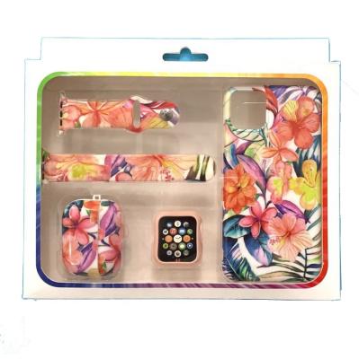 China Hot sale anti-drop 4 in 1 floral sets soft tpu watch band face case for iwatch bands for earphone case for iphone 12 pro max phone case for sale