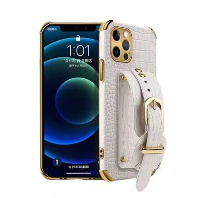 China Luxury Anti-fall Crocodile Pattern Camera Lens Shockproof Strap Plating PU Leather Phone Case For iPhone 13 pro Max Back Cover for sale