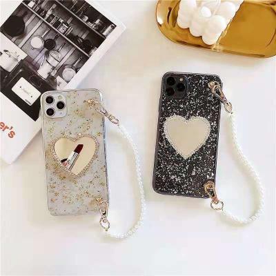 China Shiny 3D Bling Anti-drop Glitter Phone Case With Pearl Chain With Clear Mirror TPU Back Cover Case For iphone 12 pro max for sale