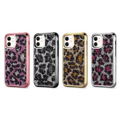 China Hot Selling Anti-fall Leopard Copy Plating Glitter Bling Rhinestones Mobile Phone For iPhone 12 Pro TPU Shockproof Case Max 2021 for sale