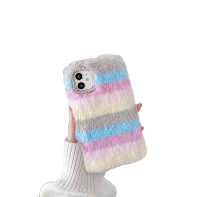 China Anti-fall Color Striped Plush Winter Rabbit Fur Keeps Warm Plush Fluffy And Soft TPU Back Shell For Iphone12 Pro 2021 Max for sale