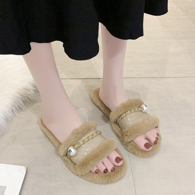 China Winter Curvy Women Fashion Faux Fur Slider Slippers Open Toe Mule Fluffy House Slide Fur Slippers for sale