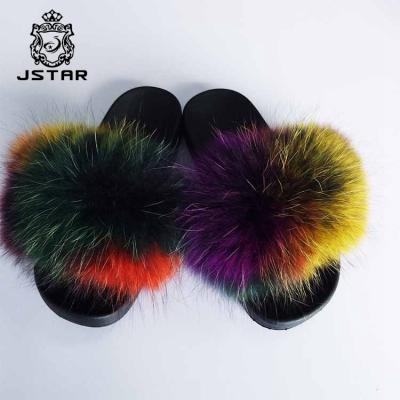 China Quality Anti-skid Color Raccoon Natural Fur Slides Stable Soft Wholesale Women Slippers Sandals for sale