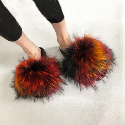 China Wholesale PVC Raccoon Fur Slippers Fashion Breathable Sandals Women's Slips Real Fur Fluffy Slides for sale