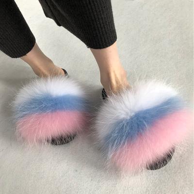 China Women's Fashion PVC Slippers Raccoon Fur Factory Fluffy Slides Women's Lightweight Real Sandals Slippers for sale