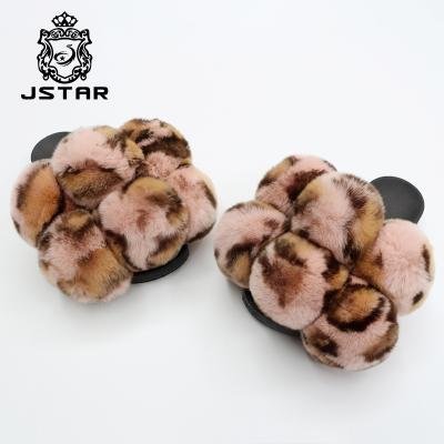 China Fashion Breathable Breathable Mink Fur Slides Rex Rabbit Fur Slides Pompom for sale