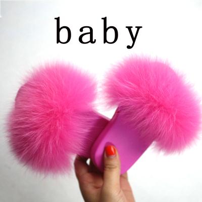 China Real Fox Hair Slippers Flat Pink Fluffy Baby Slippers Soft Winter Slips Fur Slipper Home Children for sale