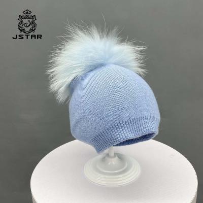 China Fashion COMMON Winter Merino Woolen Slouchy Hat For Kids Fur Pompom Knitted Beanie Hat With Real Fur Raccoon for sale