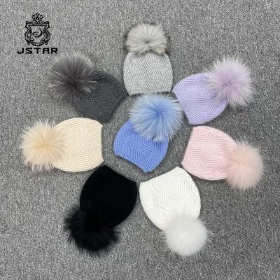 China COMMON COMMON Soft Unisex Angora Material Knitted Hat With Raccoon Fur Pom Pom Winter Kids Baby Toddler Beanie Hats for sale