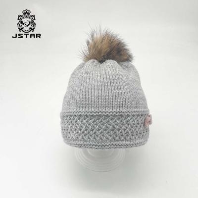 China Jstar Beanie Hat Baby Winter 100% Fur Ball JOINT Acrylic Warm Knitted Child With Real Raccoon Fur Pompom for sale