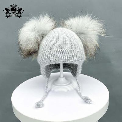 China Crochet Baby JOINT Winter Cute Janefur Angora Material Kids Knit Hat With Real Fur Pom Pom Ball for sale