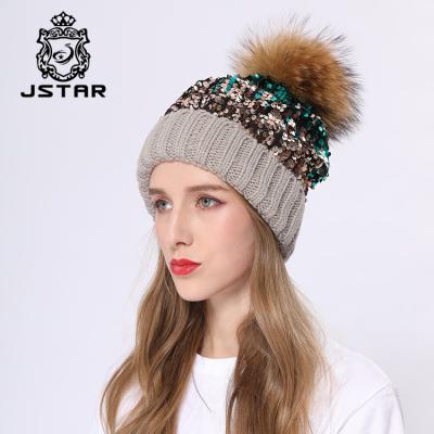 China Custom Yarn Acrylic Skullcap COMMON COMMON Skullcap with Fur Pom Sequined Warm Hat Skullcaps for sale