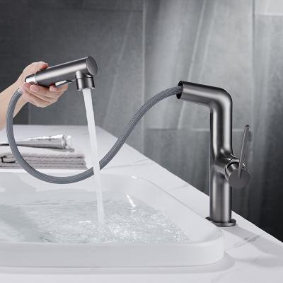 China Chrome Deck Mounted Brass Single Handle Brushed Gray Bathroom Sink Tap Pull Out Basin Sprayer Faucet Mixer Tap for sale