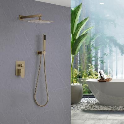 China Without Slide Bar Factory Wholesale Luxury Brushed Gold Bathroom Shower Faucet Cold And Hot Wall Mounted Rain Shower Set for sale