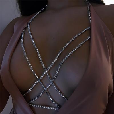 China Shiny sexy body chain women nightclub party betrayal diamond necklace fashion vintage breast rhinestone sexy body chain for sale