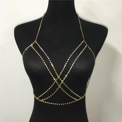 China Shiny Cross Body Chain Jewelry Stainless Steel Crystal Bra Chest Harness Women Body Chain Beach Jewelry New Vintage Rhinestone Bra for sale