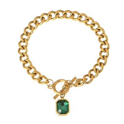 China Simple savory cuban thick chain bracelet 18k titanium steel gold stainless steel OT chain bracelet hug green CZ stone bangle for sale