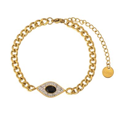 China Cheap Rhinestone Diamond Eyes Fashion Design 18K Gold Plating Evil Eyes Charm Bracelet Blue Stainless Steel Link Chain Bracelet Real for sale