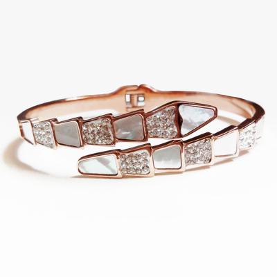 China Fashion Wholesale Stainless Steel Snake Chain Bracelet Round Waist Crystal CZ Zircon 18k Gold Plated Bangle Bracelet for sale