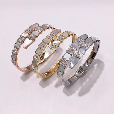 China Fashion New Fashion Shells CZ Stone Diamond Snake Shape Charm Bangle With Buckle Stainless Steel Gold Plated Bangle Bracelet Jewelry for sale