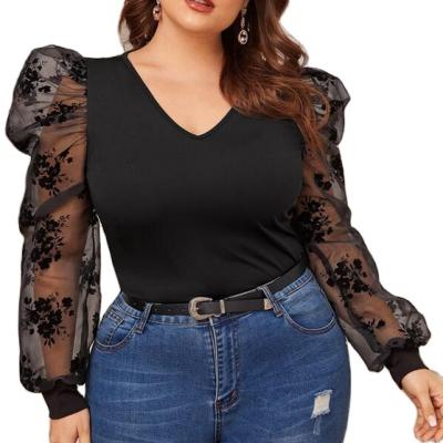 China Stain Breathable Factory Direct Sales Plus Size Women's Fit New Slim Mesh Puff Sleeve T-Shirt for sale