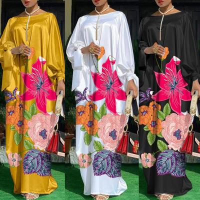 China Elegant Black White Yellow Floral Print Moroccan Long Robe Muslim Islamic Clothing Kaftan Dresses for sale