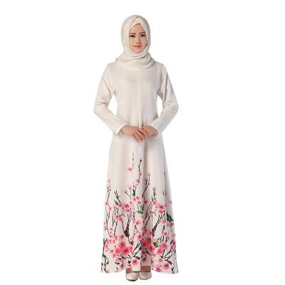 China New Custom Made White Floral Printing Muslim Clothing Arabic Abaya Women Dress Elegant Robe Women Islamic Clothing for sale