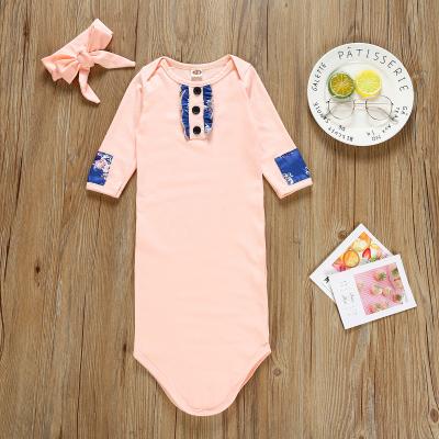 China Unisex Knotted Polyester Nightgown Flower Print Romper/Cotton Newborn Baby Long Sleeve Romper Dresses With Bow Set for sale