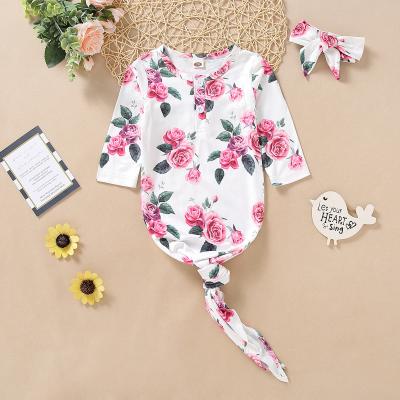 China Polyester/Cotton Flower Printing Long Sleeves Newborn Baby Home Outfit Tied Tie Dress Next Sleep Sacks With Bow Set for sale