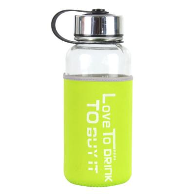 China Sustainable Wide Mouth Bottle Borosilicate Glass Reusable Glass Drinking Water Bottle With Lid Neoprene Steel Sleeve for sale