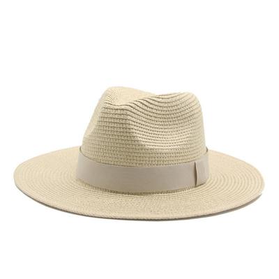 China HZM-10004 Character Women Wide Brim Straw Panama Roll Up Fedora Beach Sun Hat Belt Buckle for sale