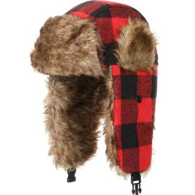 China HZM-19289 COMMON Trapper Faux Fur Earflap Plaid Winter Wool Hunting Deep Striped Hat Ushanka Russian Cold Weather for sale