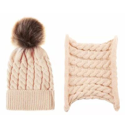 China HZO-50070 Winter Custom Made Children's Short Wholesale 2Pcs Warm Knitted Pom Pom Ball Hats Scarves Kids Beanie Scarf Set for sale