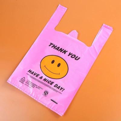 China Logo Printed Fold Plastic Pink Custom Recyclable Thank You Die Cut Handle Carry Shopping Packaging Bags for sale