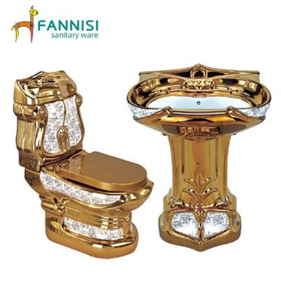 China Gold Gold Color Double-flush Bowl Ceramic Toilet Basin Bathroom Toilet Set for sale