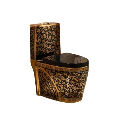 China Double-Flow Ceramic One Piece Rimless Bathroom Gold Design Mounted Color Toilet Bowl for sale