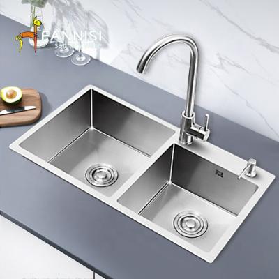 China Without Faucet Farmhouse Home 304 Stainless Steel Kitchen Sinks Handmade Kitchen Sink Double Bowl for sale