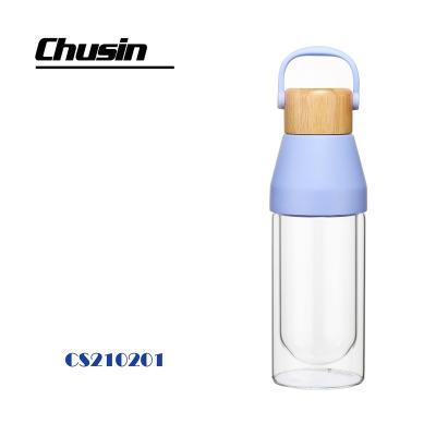 China 300ml / 550ml Double Wall Sustainable Glass Water Bottle With Bamboo Lid for sale