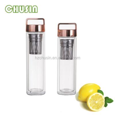 China Sustainable Double Wall Borosilicate Tea Infuser Custom Glass Water Bottle for sale