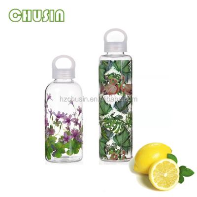 China Sustainable Custom Logo Printing Glass Water Bottle With Carry Lid for sale