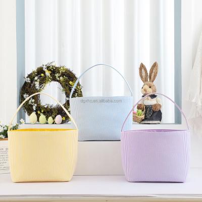 China Cotton Seersucker Bunny Easter Basket Easter Decoration Blank Sublimation Easter Basket Egg Bag Stripe Festival Decoration for sale