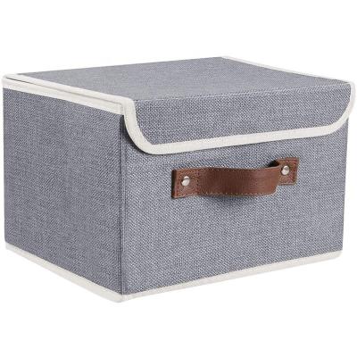 China 2 Pack Viable Canvas Fabric Collapsible Storage Box with Lid and Faux Leather Handle for sale