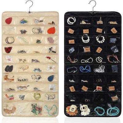 China Durable Hanging Jewelry Organizer 160 Pockets 2 Pieces Double Sided Jewelry Organizer Pocket for Holding Jewelry (Beige and Black) for sale